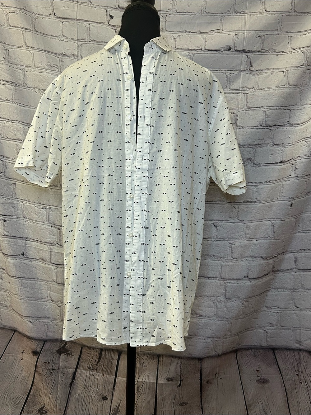 Topman White Short-Sleeve Button-Down Shirt with Navy Micro Print
